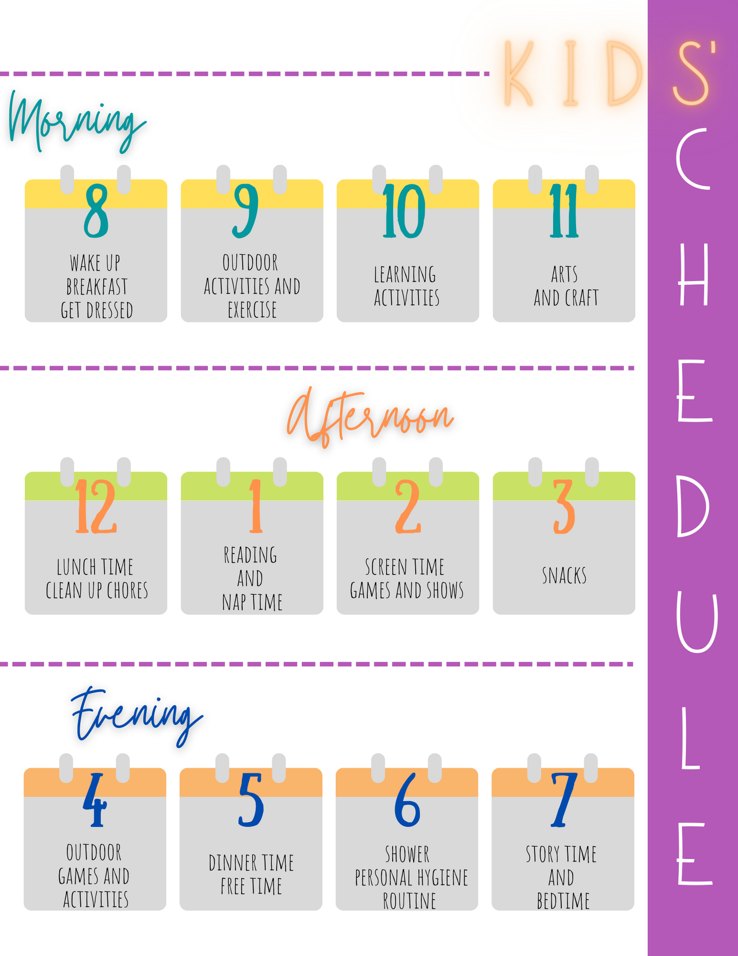 Introducing the Kids' Schedule by Wondermom Printables: A Printable Daily Schedule for kids, divided into Morning, Afternoon, and Evening sections. Each activity, from breakfast to learning, screen time to bedtime, is beautifully numbered from 1 to 12. This helps develop time management skills and ensures your child thrives throughout the day.