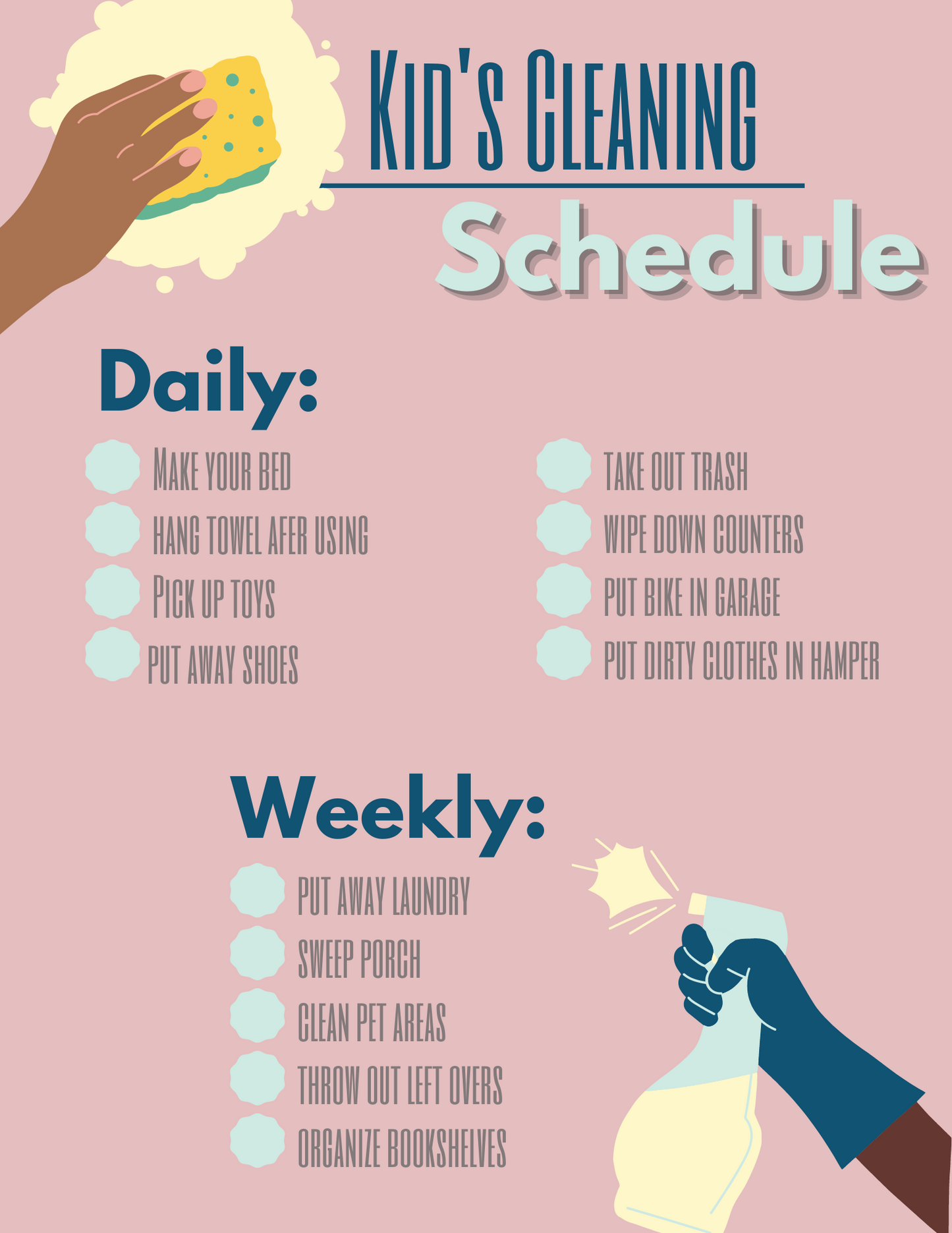 A Kid's Cleaning Schedule poster with text and images of hands cleaning a bed and a sponge from Wondermom Printables.