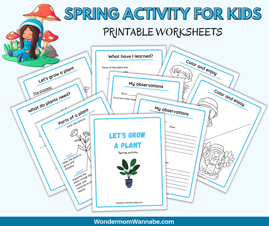Introducing the "Let's Grow a Plant Activity Set" by Wondermom Shop! Ideal for young gardeners, this printable worksheet pack includes engaging activities about plant parts, observations, coloring, and learning outcomes. The worksheets feature a charming cartoon girl sitting on mushrooms.
