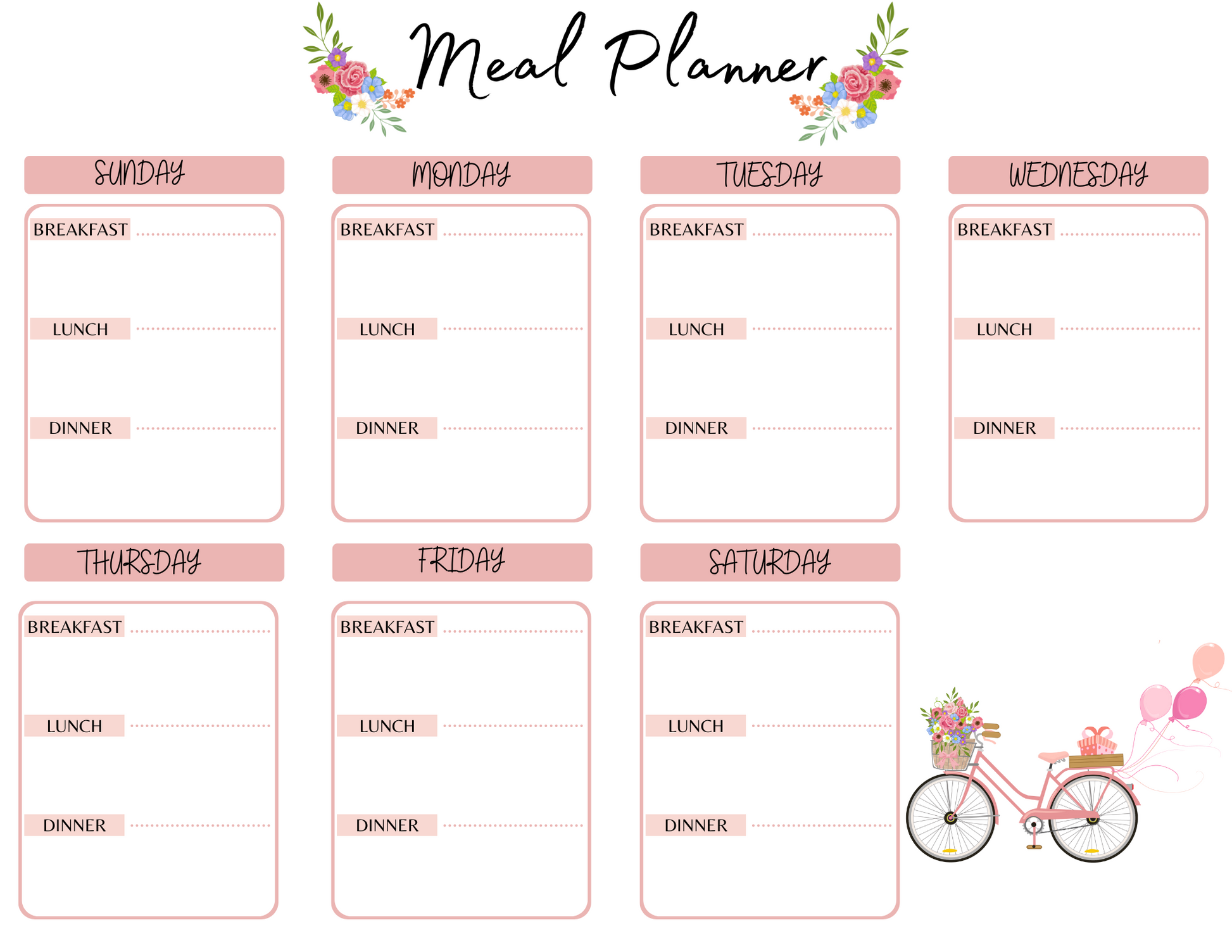 Meal Planner Worksheet by Wondermom Printables: This weekly meal planner template spans from Sunday to Saturday and is divided into sections for breakfast, lunch, and dinner. Adorned with floral decorations and an illustration of a bicycle with balloons, it's perfect for maintaining an organized kitchen routine.