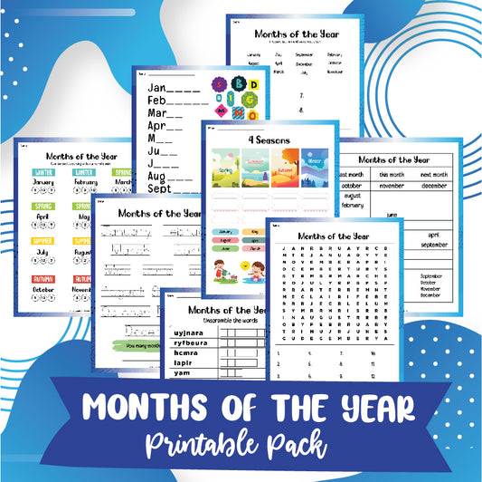 The "Months of the Year Activity Set" by Wondermom Shop is a printable pack featuring worksheets and activities designed for learning the months of the year. This set includes word searches, coloring pages, and matching exercises, making it ideal for spelling and sequence learning through engaging educational activities for children.