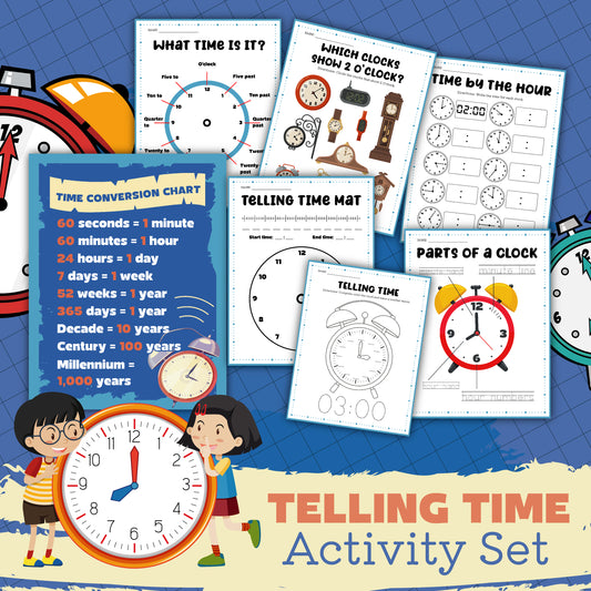 A vibrant "Telling Time Activity Set" by Wondermom Shop, featuring an array of educational worksheets about time, complete with a time conversion chart, clock diagrams, and interactive telling time activities designed to enhance children's time-reading skills.