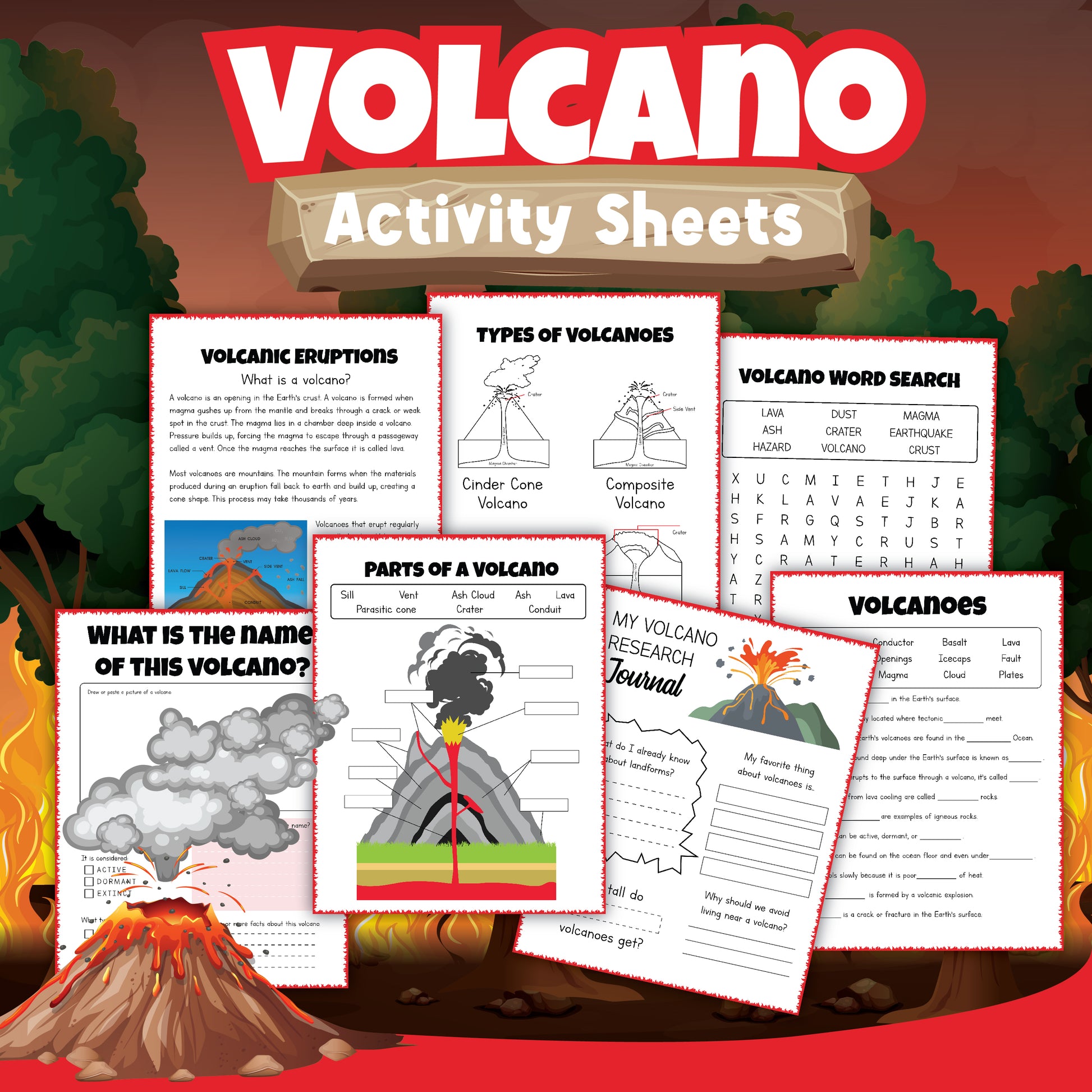 Explore the Volcano Learning Activity Pack from Wondermom Shop, a comprehensive set of volcano-themed activity sheets that includes engaging learning materials about volcanic eruptions, types of volcanoes, parts of a volcano, word searches, and a volcano journal designed for kids.