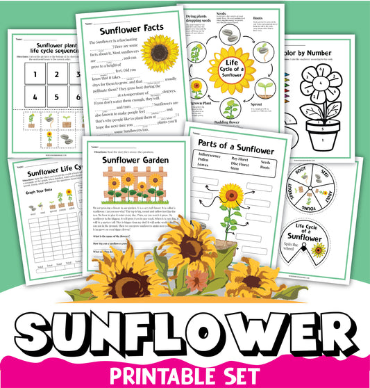 Image featuring educational sunflower printables from Wondermom Shop, including life cycle sequences, parts of a sunflower, growth chart, color by number, and more. Titled "Sunflower Activity Set," this comprehensive collection also highlights interesting Sunflower Facts to engage young learners and is adorned with delightful sunflower graphics.