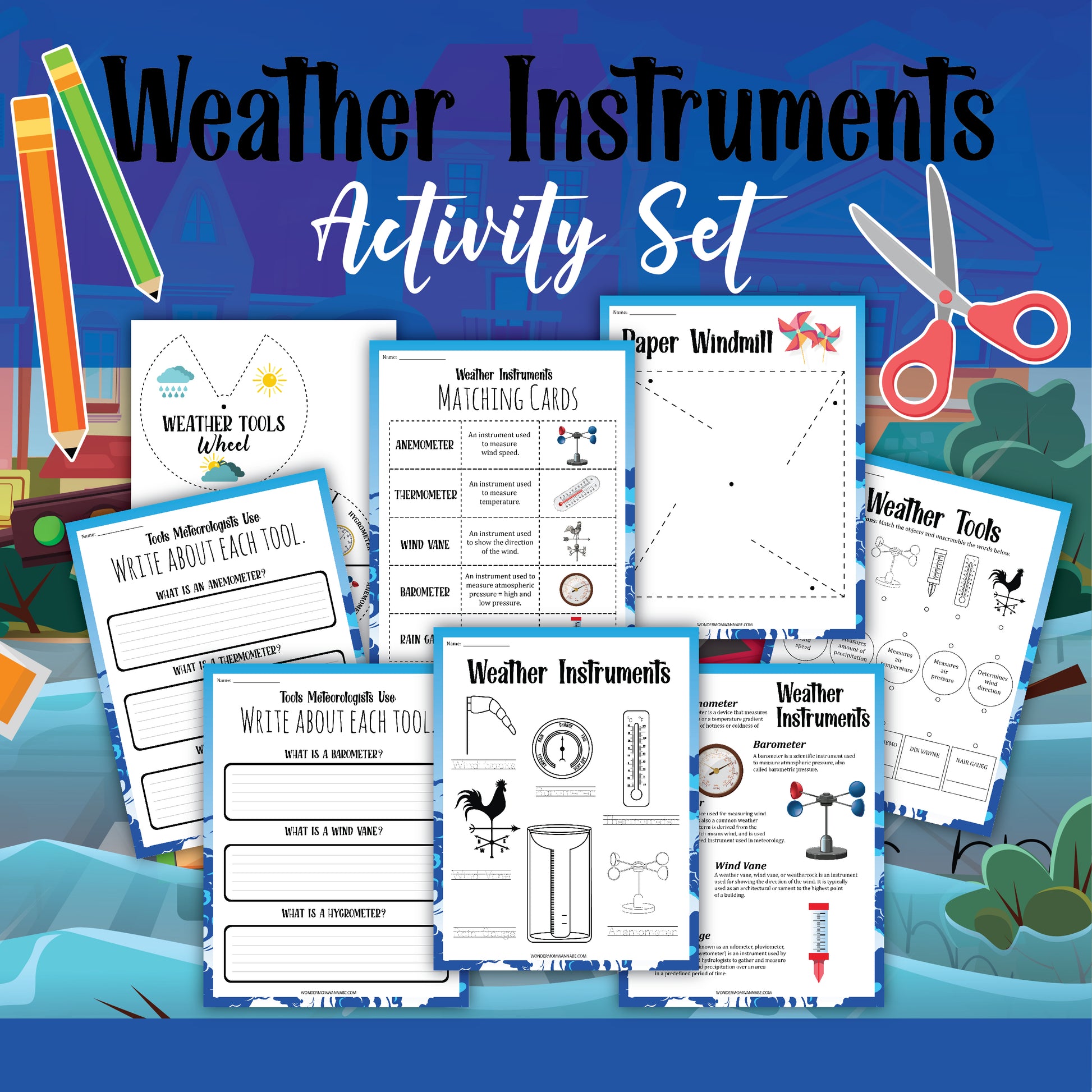 The **Weather Activity Set** by **Wondermom Shop** is perfect for the young meteorologist. It includes various educational worksheets and tools, such as matching cards, a windmill template, and weather tool diagrams, all showcased on a colorful background.
