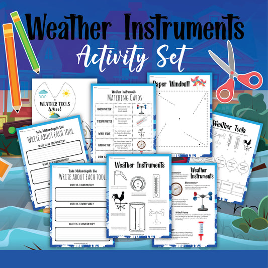 The **Weather Activity Set** by **Wondermom Shop** is perfect for the young meteorologist. It includes various educational worksheets and tools, such as matching cards, a windmill template, and weather tool diagrams, all showcased on a colorful background.