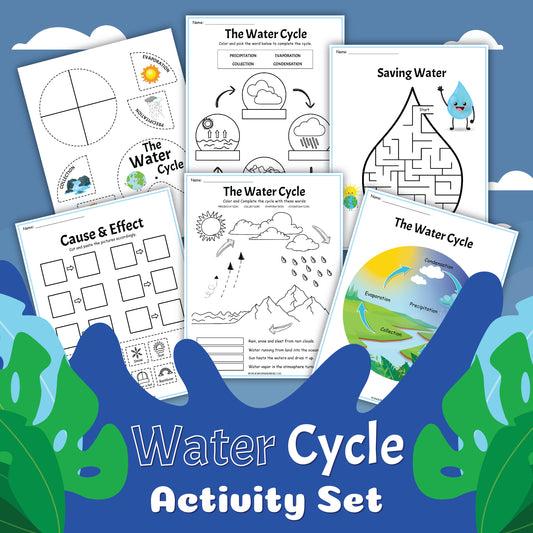 Image of a "Water Cycle Activity Set" from Wondermom Shop, showcasing an array of printable pages about the water cycle. The set includes a maze, diagrams, coloring pages, and a cause and effect worksheet, ideal for young scientists engaged in educational activities. All items are displayed against a blue background.