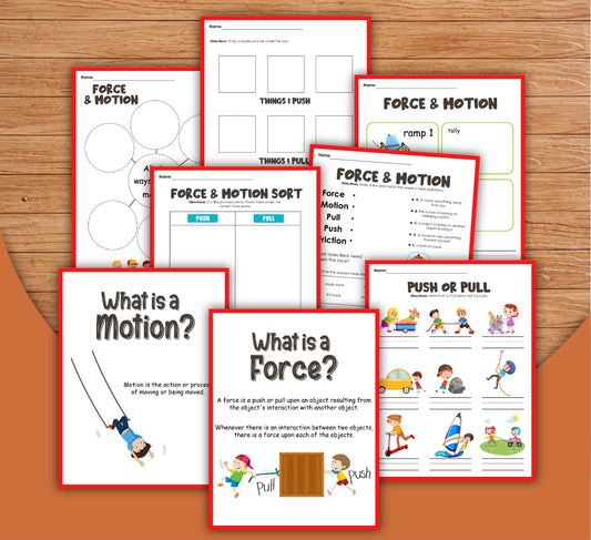 Collection of educational worksheets on force and motion for children, featuring interactive activities on pushing and pulling, definitions, and illustrations.