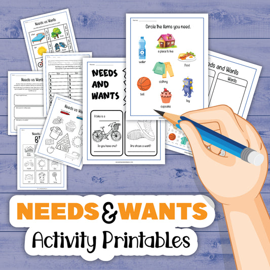 A hand is holding a pencil over an educational activity pack titled "Needs and Wants Activity Set" by Wondermom Shop, which includes various exercises designed for young learners to help distinguish needs from wants.