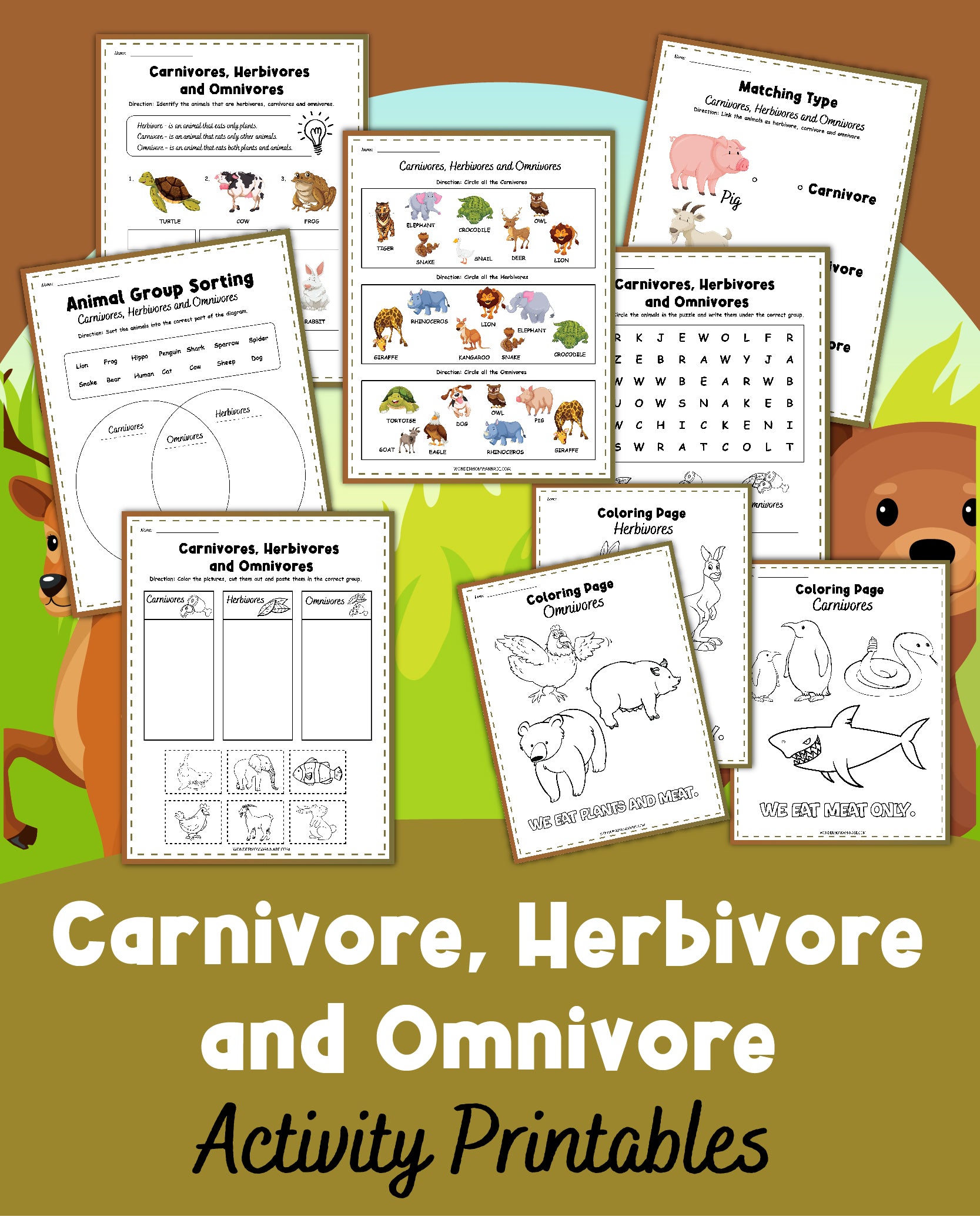 Discover Wondermom Shop's "Carnivore, Herbivore, Omnivore" Activity Pack, a collection of educational printables focused on the diets of various animals. Featuring worksheets for sorting, matching, coloring, and categorizing carnivores, herbivores, and omnivores!