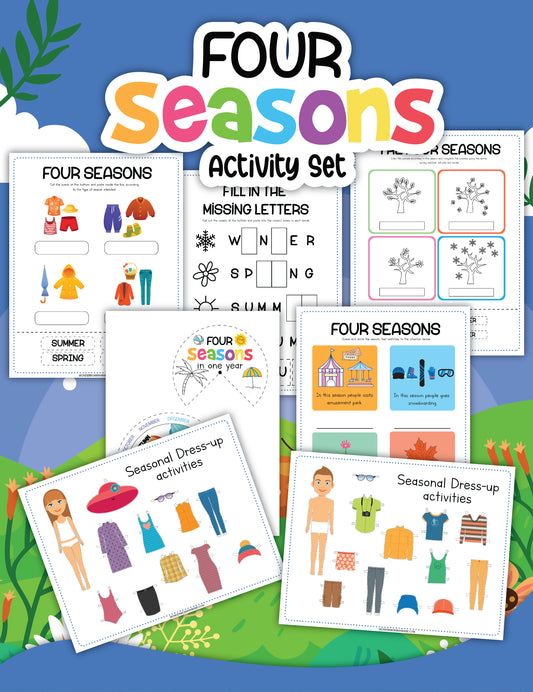 Four Season Activity Set by Wondermom Shop offers various seasonal learning activities for young learners, including dress-up, fill-in-the-letters, and matching exercises.