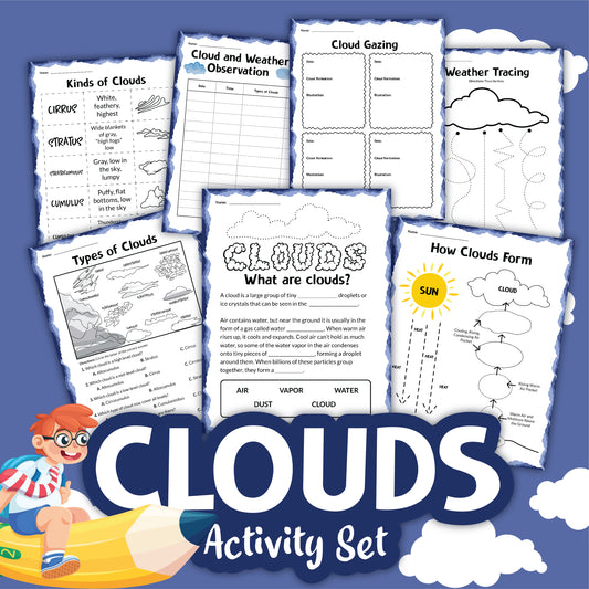 Image of a "Clouds Activity Set" by Wondermom Shop, featuring various worksheets on types of clouds, weather phenomena observation, cloud gazing, and how clouds form. A cartoon child on a rocket is depicted at the bottom left corner.