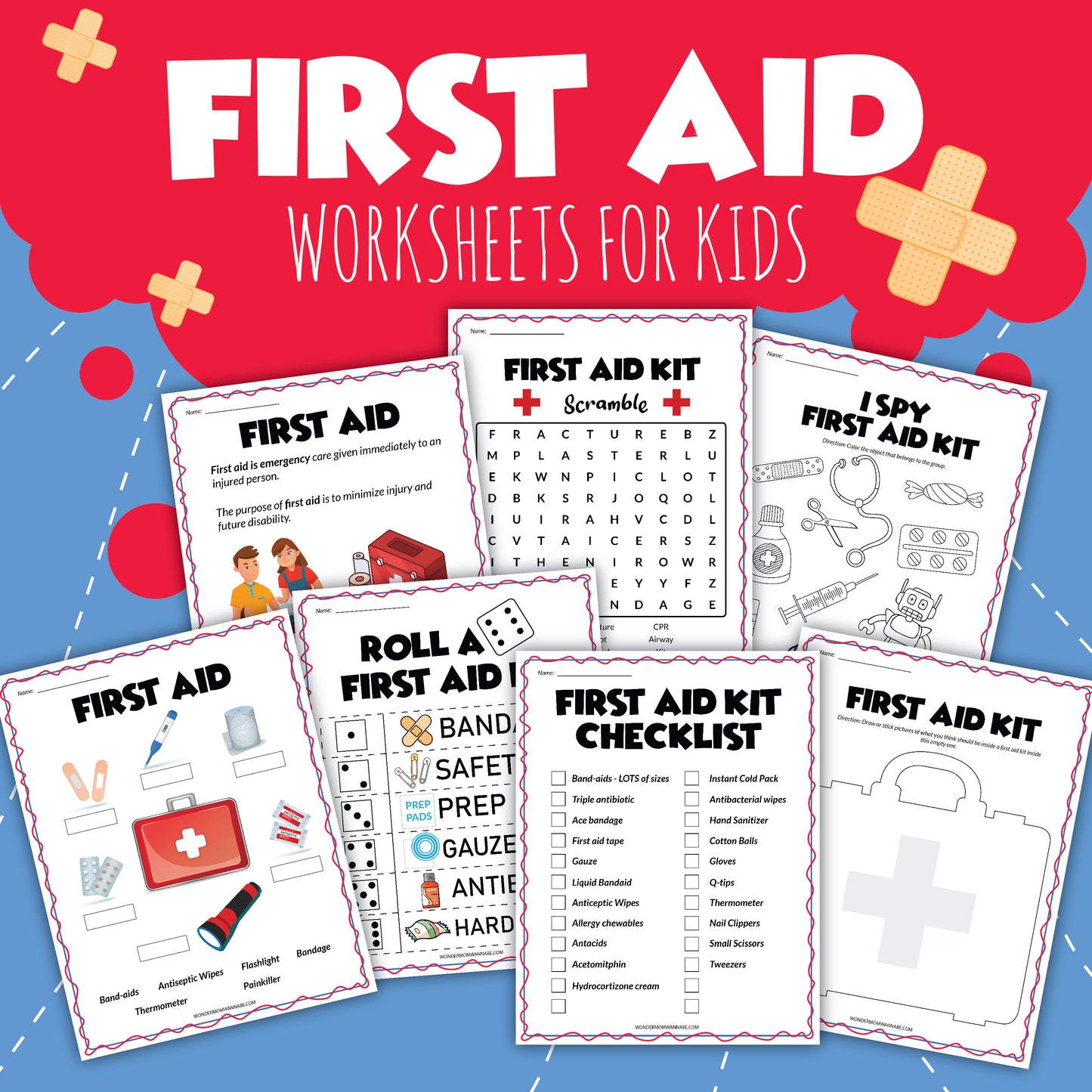 Image showcasing the "First Aid Activity Set" by Wondermom Shop, featuring seven worksheets filled with educational content. Activities include word scrambles, checklists, a roll-a-dice game, and I Spy, all thoughtfully designed to enhance first aid knowledge in a fun and engaging manner.