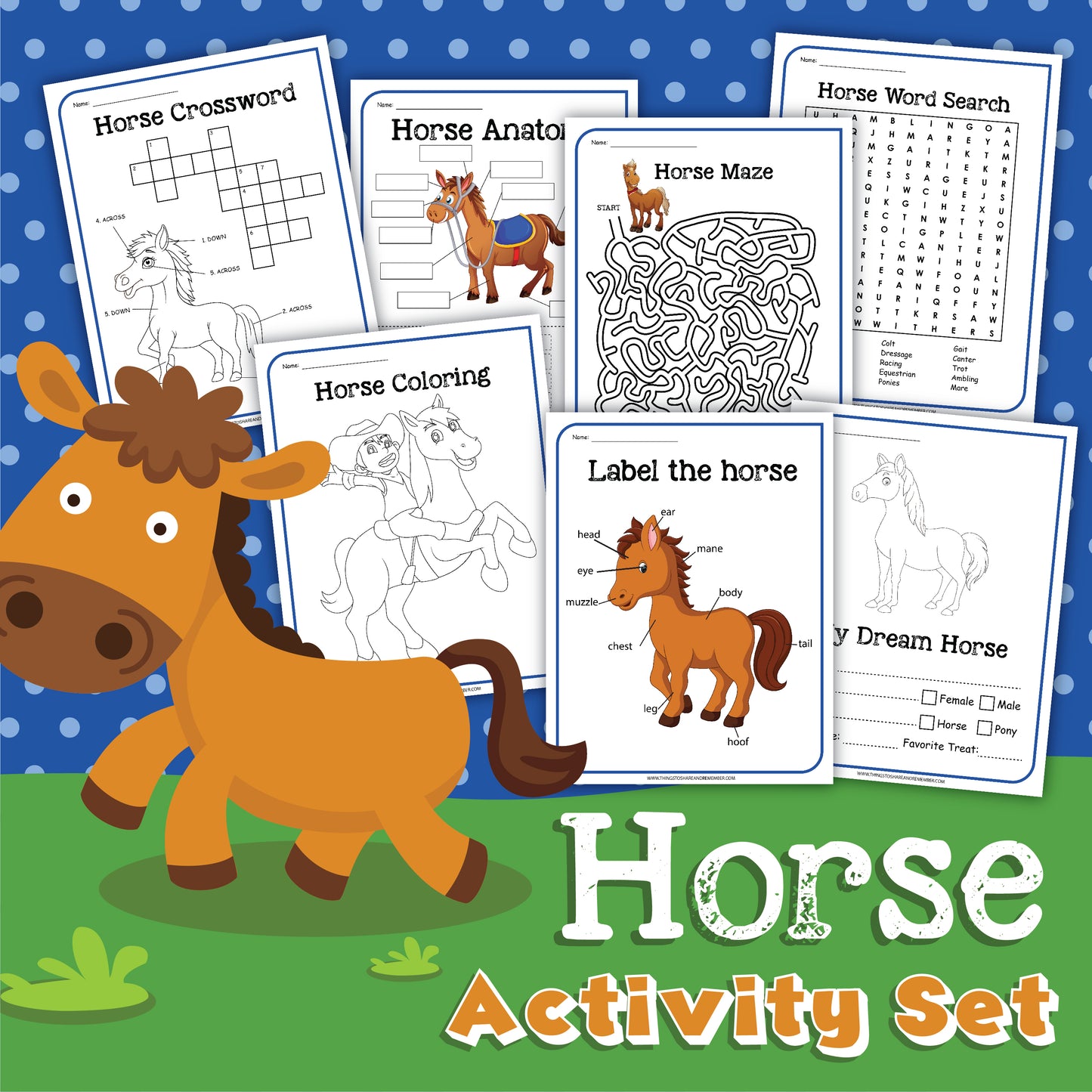 Image of a "Horse Activity Set" for young equestrians, available from Wondermom Shop, featuring various worksheets, including a crossword, maze, word search, coloring pages, anatomy labeling, and dream horse design on a blue polka-dot background.