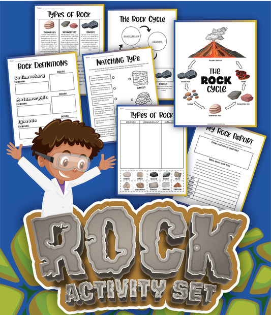 Image of the "Rock Activity Set" by Wondermom Shop, featuring educational worksheets on rock definitions, rock identification, the rock cycle, matching exercises, and a rock report, all designed for children's learning.