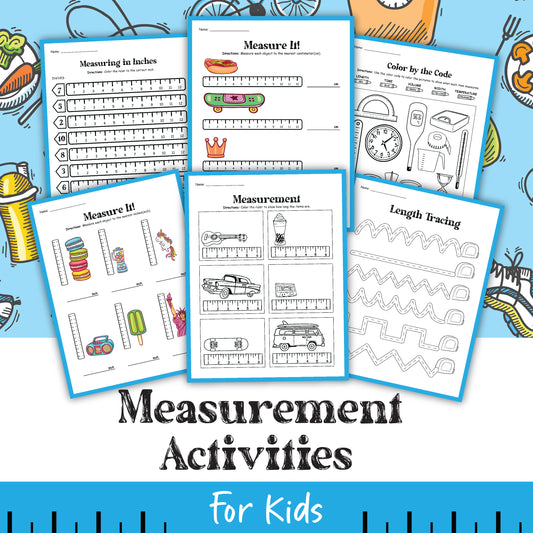 A set of children's worksheets from Wondermom Shop titled "Measurement Activity Set" featuring exercises such as measuring objects in centimeters, color by the code, length tracing, and comparing sizes.