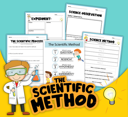 A cartoon scientist character stands next to the Scientific Method Activity Set from Wondermom Shop, featuring worksheets titled "The Scientific Method," "Science Observation," "Experiment," and "The Scientific Process." A lightbulb graphic in the corner illuminates the path for young scientists.