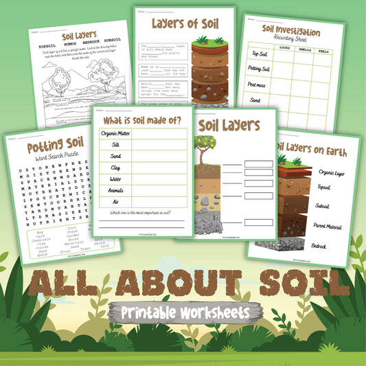 The "Soil Activity Set" by Wondermom Shop features an array of educational soil-themed worksheets, comprising matching activities, word searches, and diagrams, all set against a scenic backdrop of grass and shrubs with the title "All About Soil Activity Pack" for budding young scientists.
