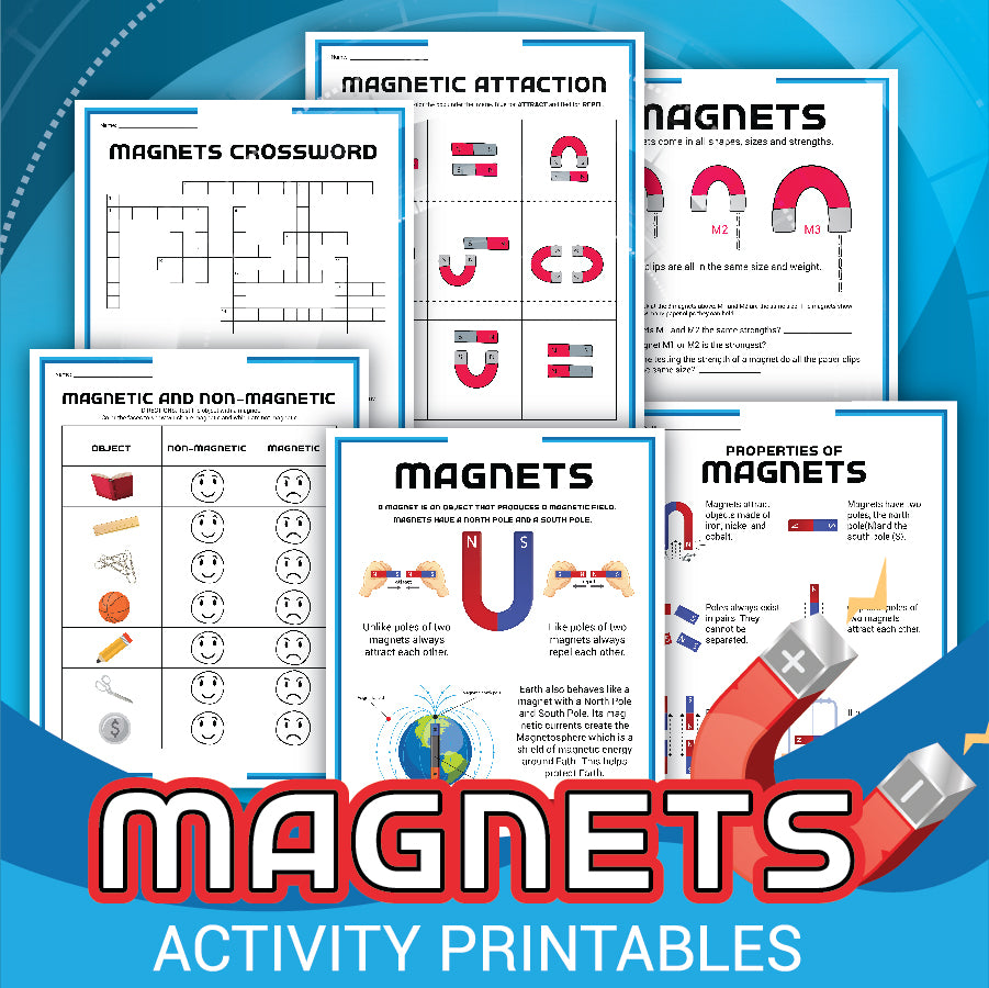 Image of various magnet-themed activity printables, including crossword puzzles, matching exercises, and educational diagrams about the properties of magnets and attraction. The title reads "MAGNETS ACTIVITY SET" from Wondermom Shop.