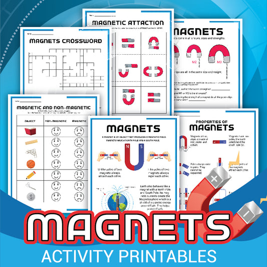 Image of various magnet-themed activity printables, including crossword puzzles, matching exercises, and educational diagrams about the properties of magnets and attraction. The title reads "MAGNETS ACTIVITY SET" from Wondermom Shop.