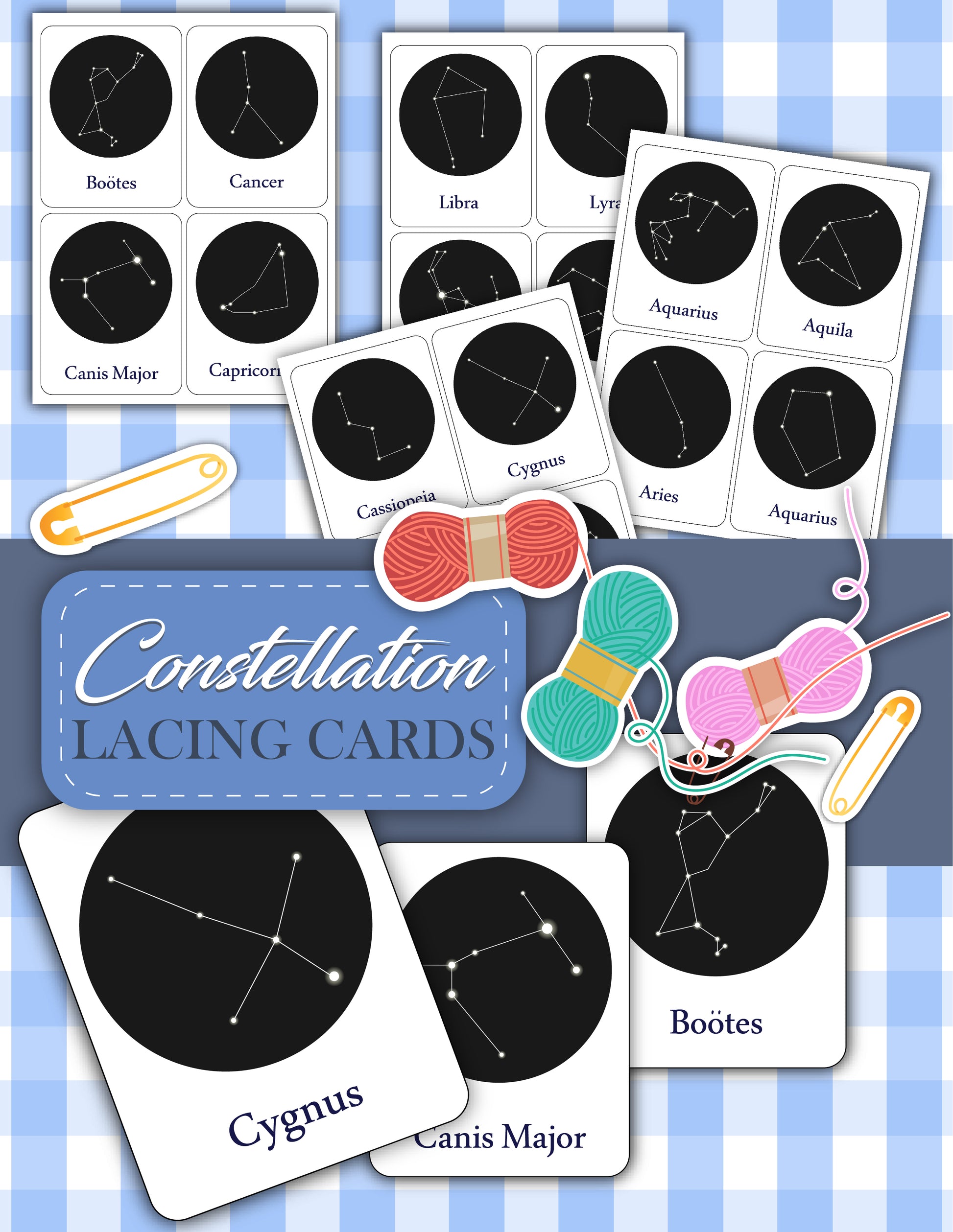 Discover the Wondermom Shop's Constellation Lacing Cards, featuring intricate designs like Cygnus and Boötes on a charming checkered background. Complete with yarn and needles, these cards are perfect for boosting fine motor skills while introducing fascinating astronomy concepts.