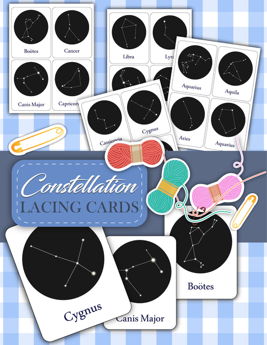 Discover the Wondermom Shop's Constellation Lacing Cards, featuring intricate designs like Cygnus and Boötes on a charming checkered background. Complete with yarn and needles, these cards are perfect for boosting fine motor skills while introducing fascinating astronomy concepts.