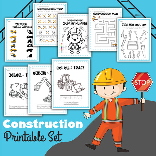 Introducing the Construction Activity Set by Wondermom Shop—a fun and engaging printable activity pack for children. It features various activities such as shadow matching, color by number, mazes, and coloring. To inspire creativity and learning skills, an illustrated construction worker holding a stop sign is prominently featured in the foreground.