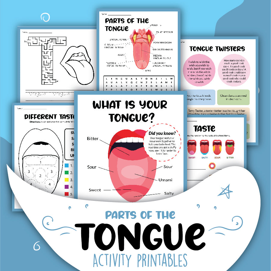 Introducing the "Tongue Activity Set" from Wondermom Shop—a collection of educational printables featuring diagrams, taste regions, tongue twisters, and taste-related activities on a blue background.