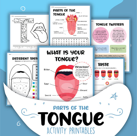 Introducing the "Tongue Activity Set" from Wondermom Shop—a collection of educational printables featuring diagrams, taste regions, tongue twisters, and taste-related activities on a blue background.