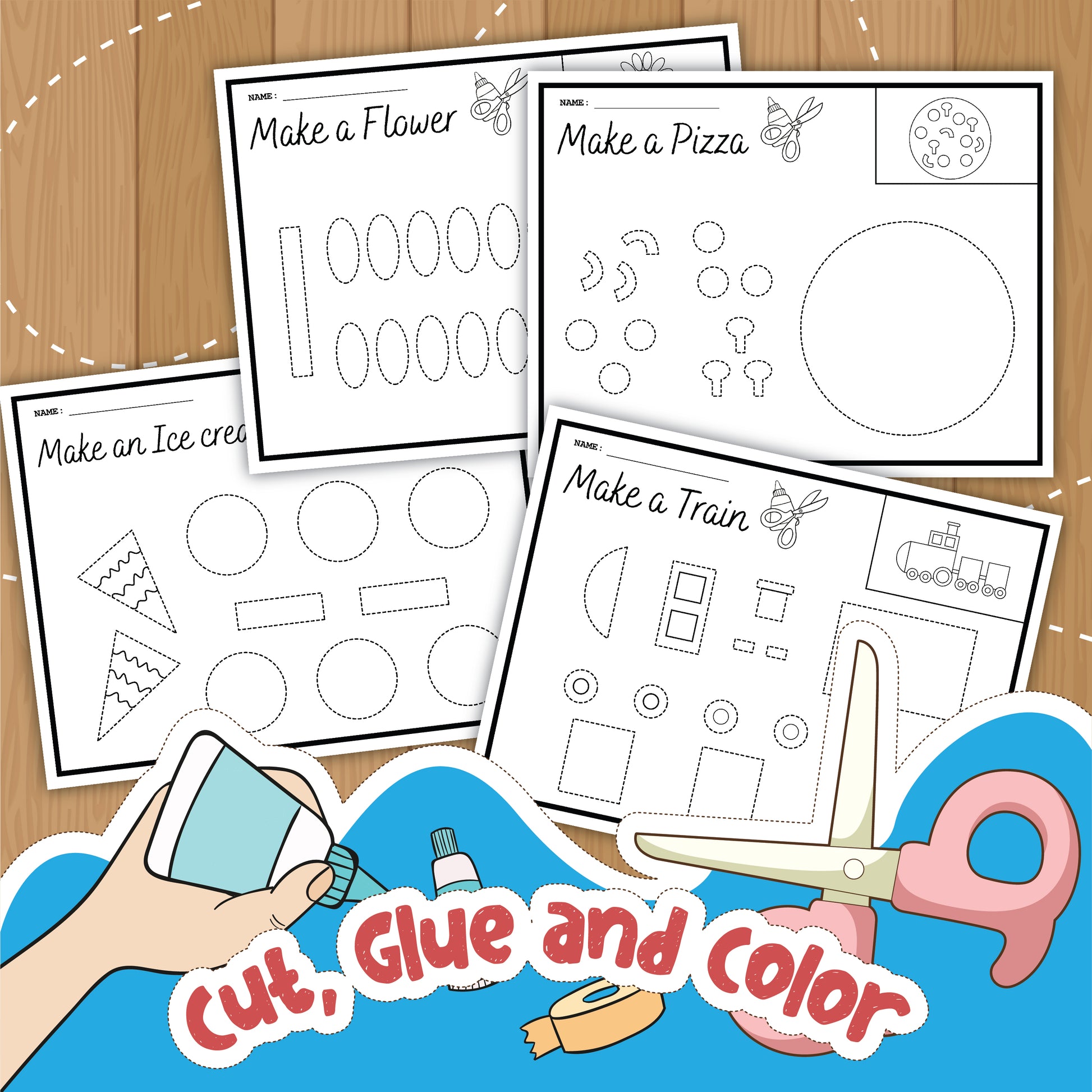 The "Make It (Cut Color and Glue) Activity Set" from Wondermom Shop is perfect for young crafters, featuring four engaging paper crafts: "Make a Flower," "Make a Pizza," "Make an Ice Cream," and "Make a Train." Each activity includes sheets presented with scissors, glue, and text encouraging kids to cut, glue, and color.