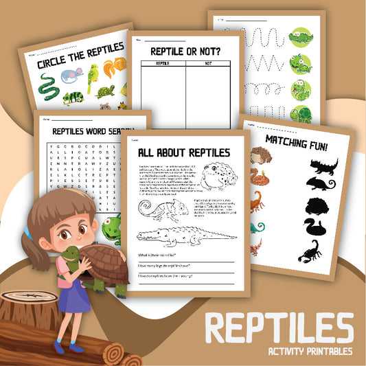A young biologist holds a turtle beside reptile-themed printable activity sheets, featuring word searches, matching games, and informational content about reptiles. The text reads "REPTILE ACTIVITY SET" from Wondermom Shop.