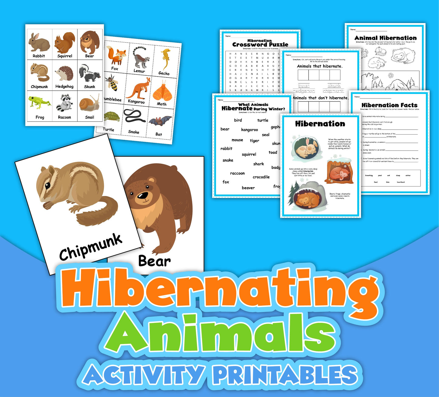 The Hibernation Activity Set by Wondermom Shop features illustrations, crossword puzzles, facts, and educational activities about animals like chipmunks and bears against a blue background. It also includes a Horse Maze to complement the fun learning experience.