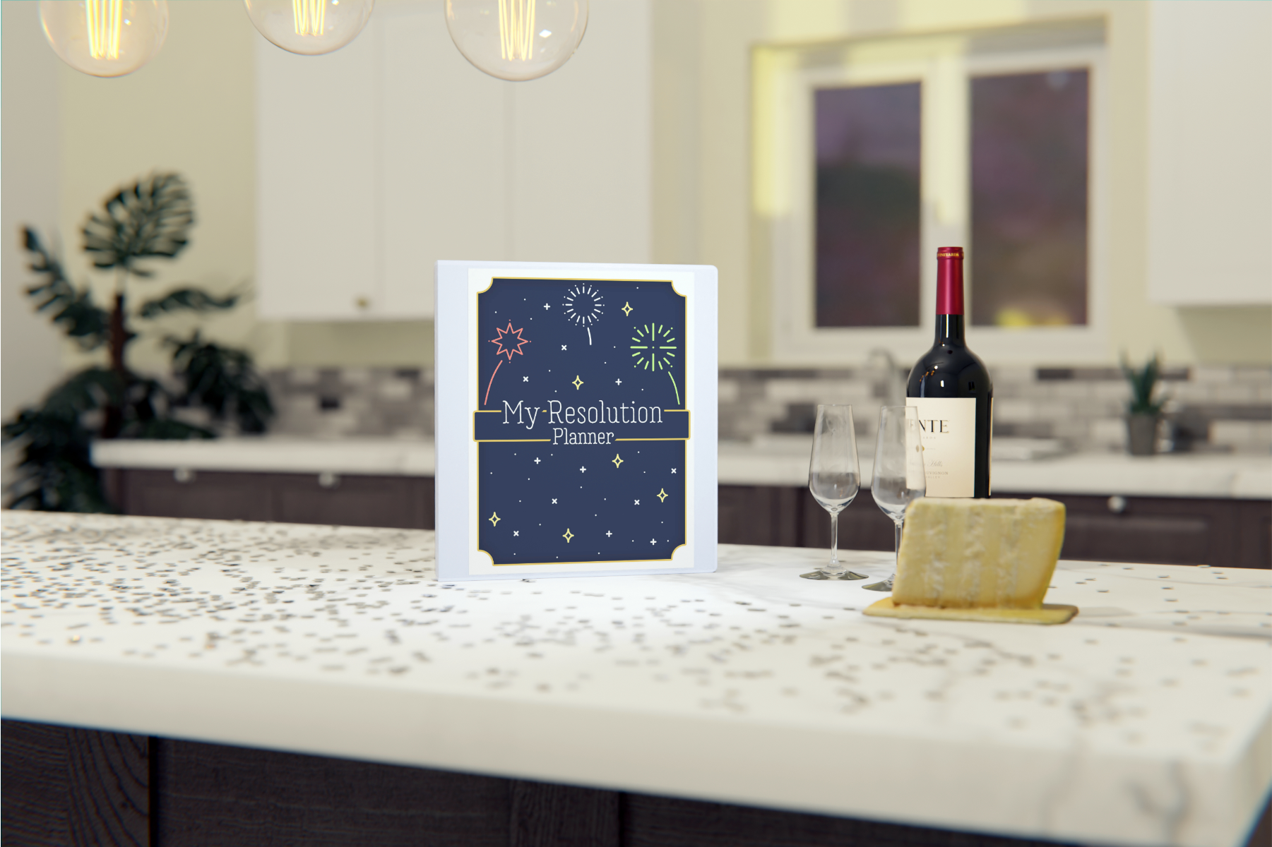 On the kitchen island, a Resolution Planner from Wondermom Shop sits beside a bottle of wine, two glasses, and a cheese block on a speckled surface. This cozy setup encourages reflection and goal-setting for personal growth in the coming year.