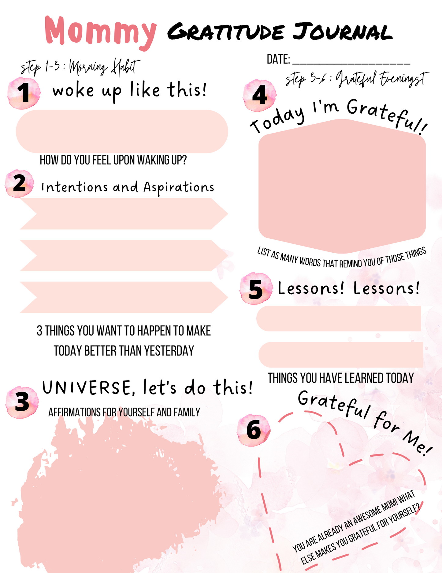 The Mommy Gratitude Journal by Wondermom Printables is a pink-themed printable journal that includes sections for morning thoughts, intentions, gratitude, lessons learned, affirmations, and daily reflections to help cultivate gratitude.