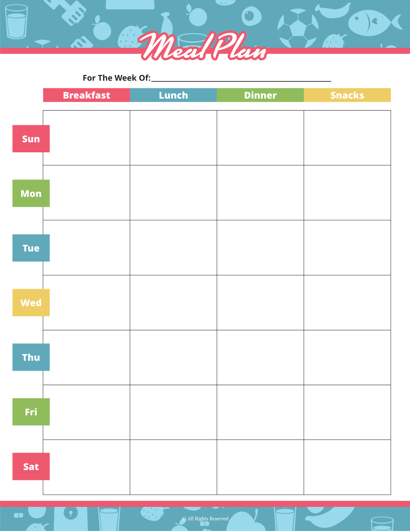 The Fitness Binder from Wondermom Shop includes a weekly meal plan template with color-coded sections for each day's meals—breakfast, lunch, dinner, and snacks—from Sunday to Saturday. It's the perfect companion to your workout trackers for a complete health plan.