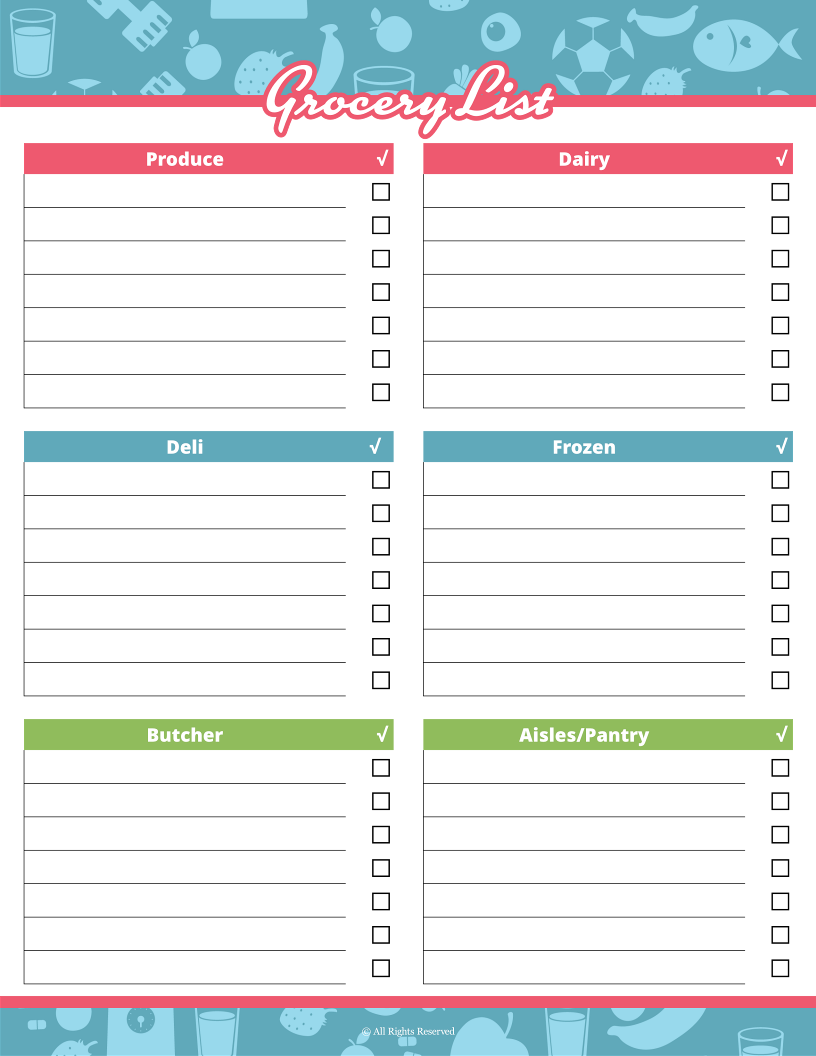 The Wondermom Shop Fitness Binder includes a blank grocery list template ideal for meal planning. It features six categories: Produce, Dairy, Deli, Frozen, Butcher, and Aisles/Pantry with checkboxes to ensure your binder stays organized and efficient.