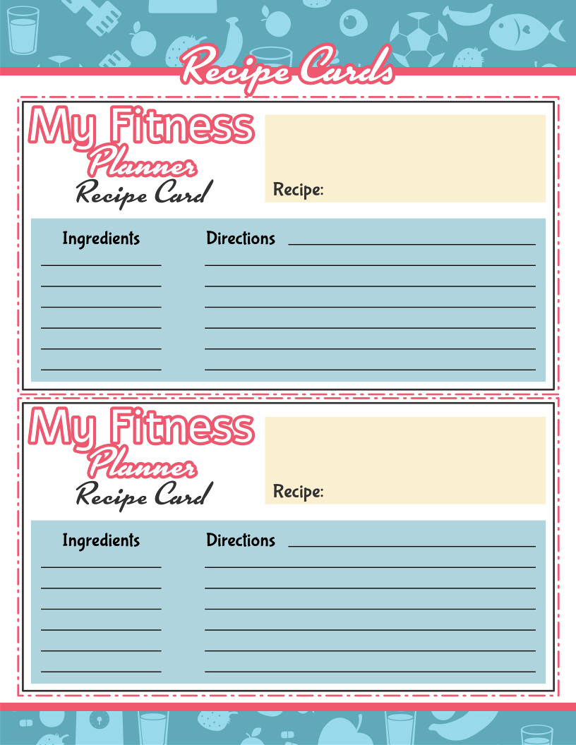 Two blank "My Fitness Planner Recipe Card" templates from Wondermom Shop integrate meal planning with workout trackers in your Fitness Binder, featuring sections for ingredients and directions surrounded by food and fitness gear icons.