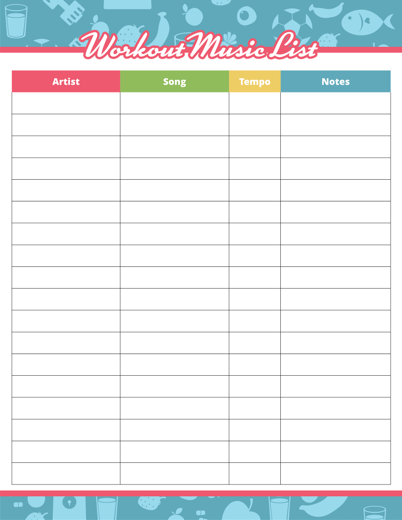 A blank "Workout Music List" table with columns for Artist, Song, Tempo, and Notes is set against a fruit, weights, and musical notes background—ideal for your Wondermom Shop Fitness Binder alongside workout trackers and meal planning sections.