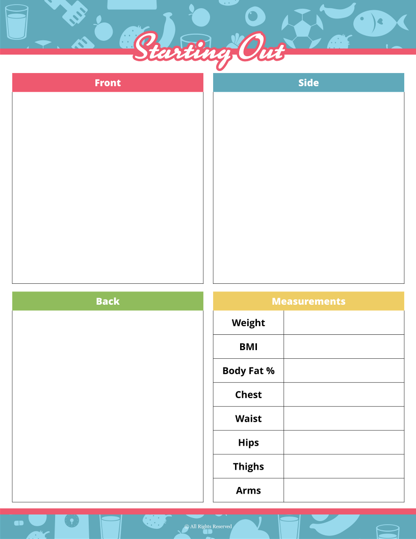 The "Starting Out" measurement chart in the Wondermom Shop's Fitness Binder integrates photo sections (front, side, back) and metrics like weight, BMI, and body fat %, making it essential for complementing workout trackers and meal planning.