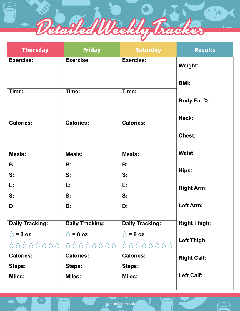 The Wondermom Shop's Fitness Binder offers a weekly meal planning tracker template with columns for exercise, meals, calories, and measurements from Thursday to Saturday. Track daily hydration and calories with a results section for monitoring wellness goals like weight and body measurements.