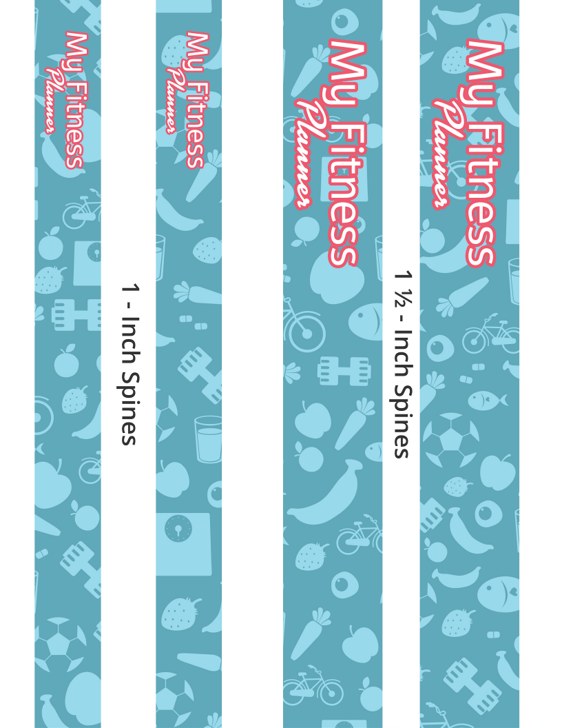 Wondermom Shop's Fitness Binder features blue spines labeled "My Fitness Planner" with icons of fruits, veggies, and fitness gear. Ideal for organizing workouts and meal plans, it's your ultimate health companion. Available in 1-inch and 1.5-inch sizes.