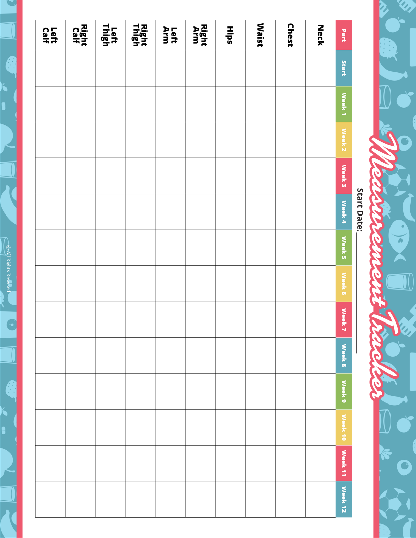 A blank measurement tracker chart by Wondermom Shop, complete with columns for weeks and rows for various body parts, is ideal for any Fitness Binder and features a decorative border.