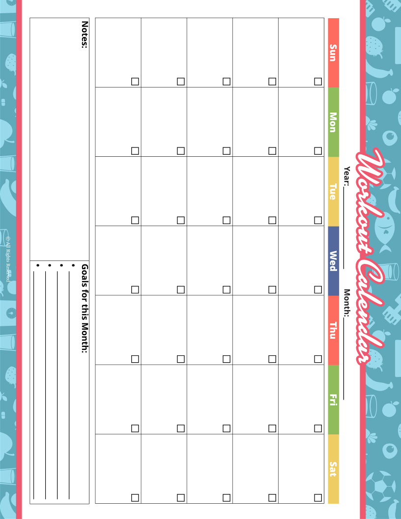 The Fitness Binder by Wondermom Shop includes a blank monthly workout calendar with a colorful border. It features labeled days and columns for "Notes" and "Goals for This Month," seamlessly integrating with your meal planning and workout trackers.