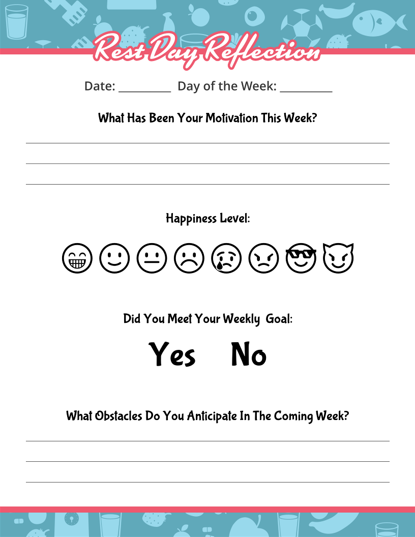 The Fitness Binder by Wondermom Shop includes the Rest Day Reflection worksheet, which features sections for motivation, happiness levels with emojis, goal achievement, workout trackers, and a space to note anticipated obstacles.