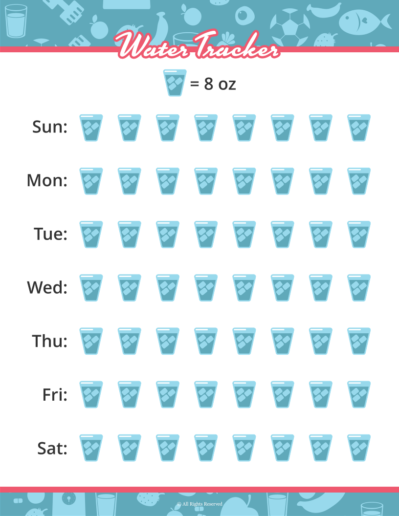 A digital weekly water tracker from Wondermom Shop's Fitness Binder, with seven rows for daily tracking. Each row has eight illustrated 8 oz cups, ideal for your fitness planner.