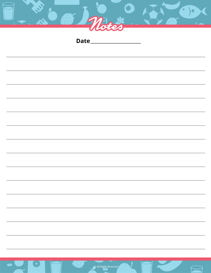 The Fitness Binder from Wondermom Shop includes lined note paper with a "Notes" header, date line, and light blue patterned border with various symbols—ideal for tracking workouts or planning meals.