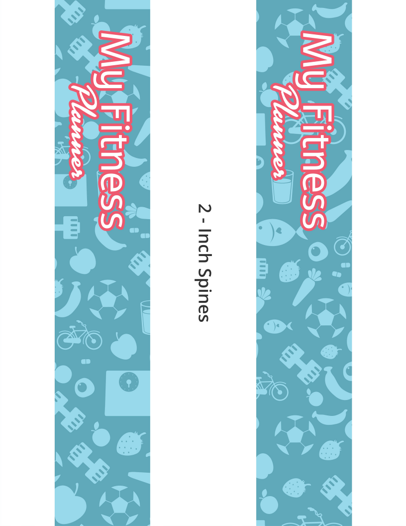 The two 2-inch spine designs for the Wondermom Shop's Fitness Binder showcase fitness icons on a blue background with red and white text, ideal for organizing meal planning and workout trackers to keep you motivated.