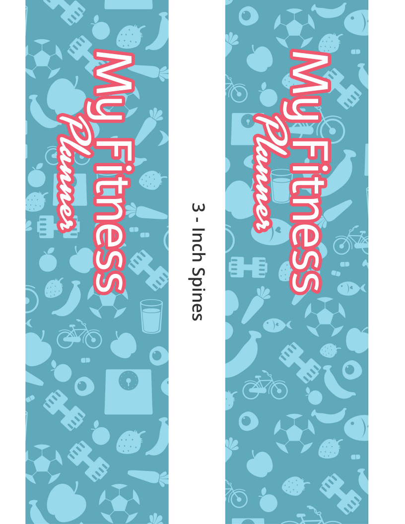 Two tall blue planner covers from Wondermom Shop, titled "Fitness Binder," feature red and white text with icons like burgers, dumbbells, and water bottles for meal planning. Labeled "3-Inch Spines," they are ideal for workout tracking.