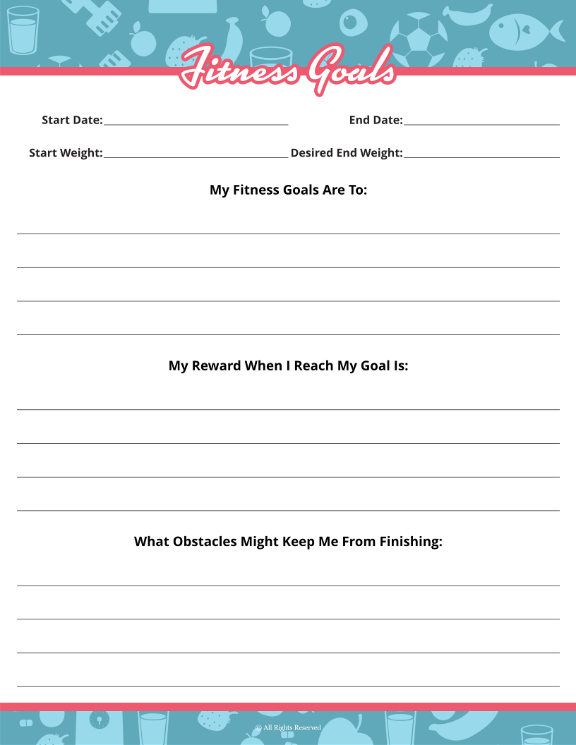 The Wondermom Shop Fitness Binder offers a fitness goals worksheet with sections for start/end dates, initial/target weights, goals, rewards, and obstacles. It includes meal planning and workout trackers to guide you towards success.