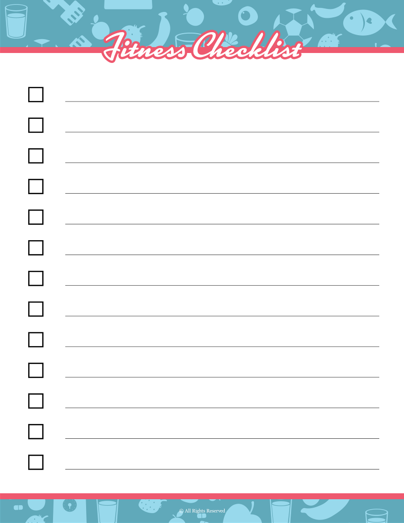 Essential for the Wondermom Shop Fitness Binder, this checklist template includes ten blank lines with checkboxes on a blue background adorned with fitness icons, perfect for pairing with workout trackers or meal plans to enhance organization and motivation.